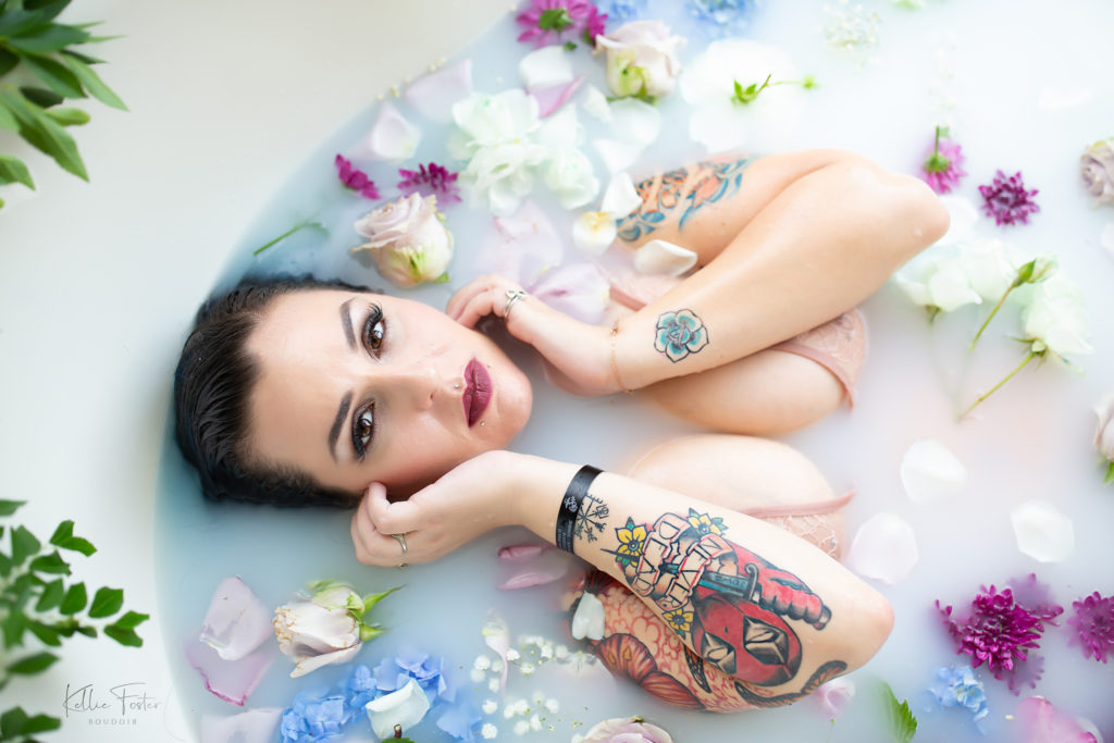 Milk Bath Boudoir Session on a gorgeous girl with tattoos
