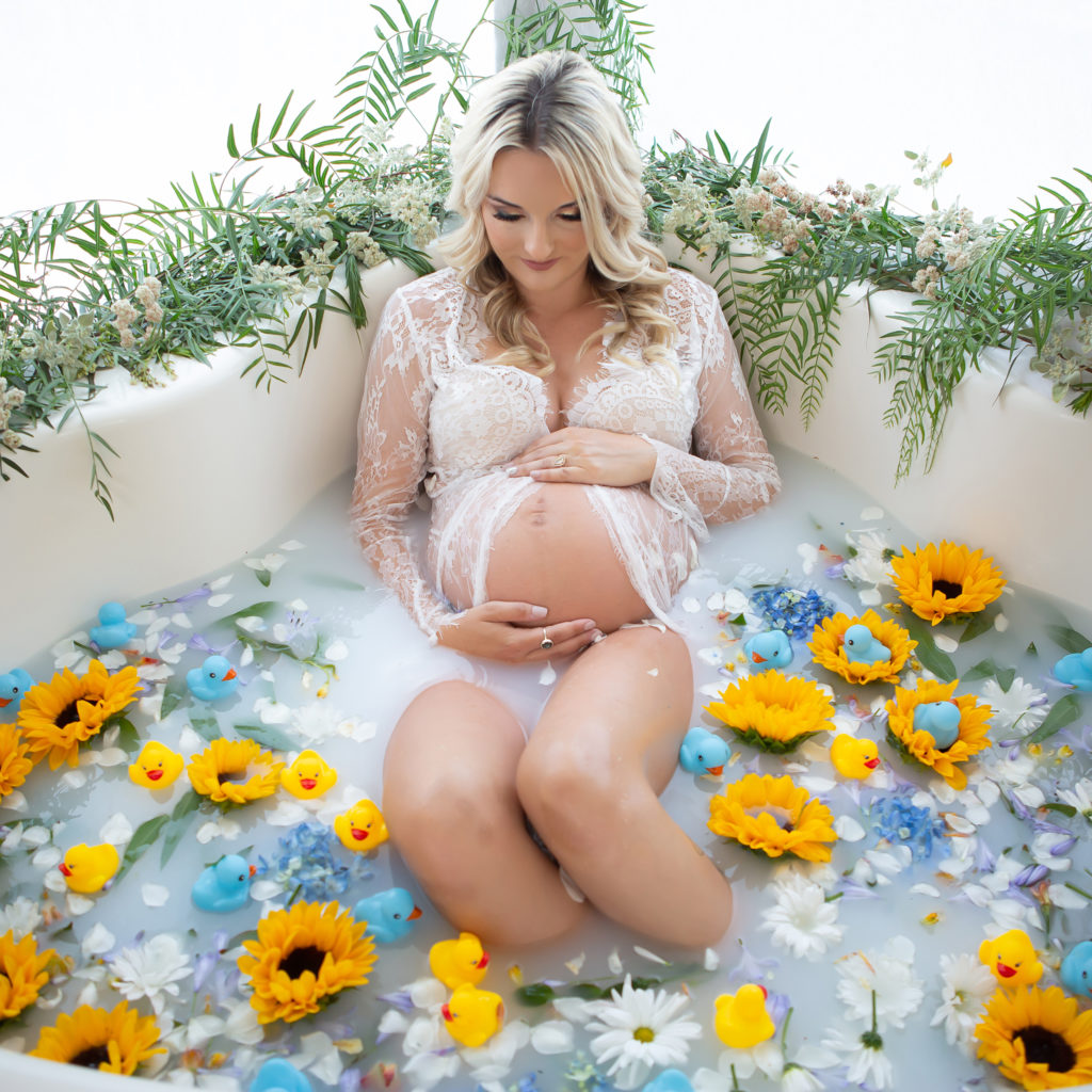 maternity milk bath with sunflowers and rubber duckies
